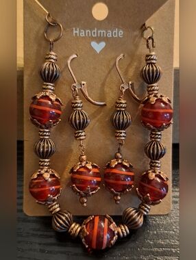 Retro-look Copper & Fancy Red Glass with Pink Swirl Beaded Bracelet & Earrings